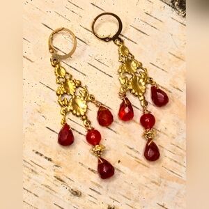 Victorian Natural Carnelian In Opulent Artisan Chandelier Gold Plated Earrings